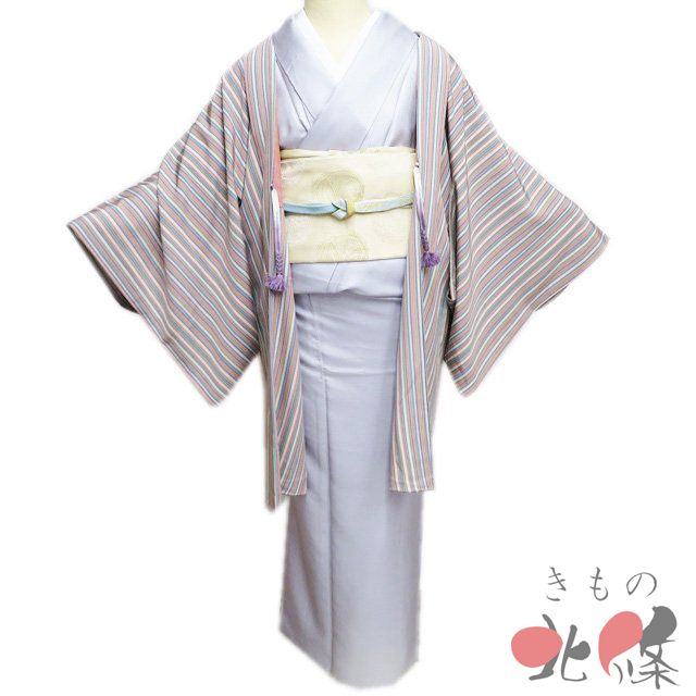 羽織 コート 着物 正絹 ストライプ 縦縞模様 羽織紐付き マルチカラー 多色 身丈86 cm 裄63.5 きもの北條 A 1317-11