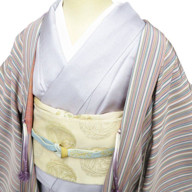 羽織 コート 着物 正絹 ストライプ 縦縞模様 羽織紐付き マルチカラー 多色 身丈86 cm 裄63.5 きもの北條 A 1317-11