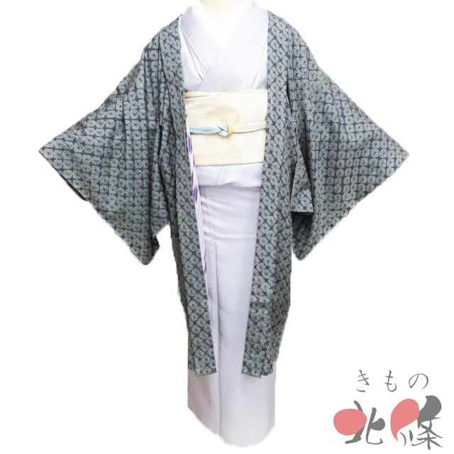 羽織 コート 着物 正絹 紬地 中古 絞り染め 墨色 緑色 身丈101cm 裄66cm きもの北條 A1317-10 羽織 コート 着物 正絹 紬地 中古 絞り染め 墨色 緑色 身丈101cm 裄