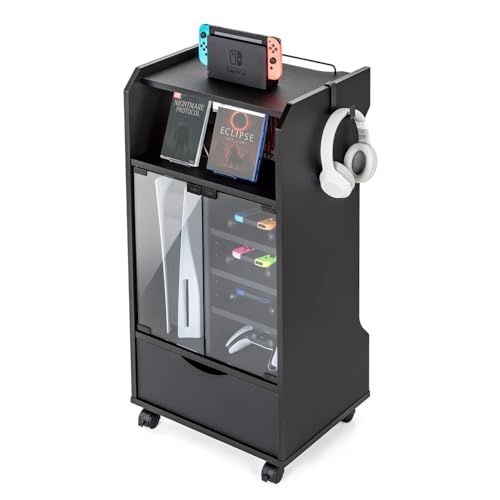 サンワダイレクト ゲームラック ガラス扉 UVカット 幅46.2×奥行37×高さ90 cm キャスター付き 可動棚× フック× PS 5対応 ゲーム機 収納 ブラック 200-CB 066 BKs