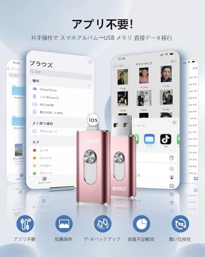 256 GB usbメモリ アプリ不要 アルバムから写真保存 ４in 1プッシュ型 Phone対応 スマホ携帯 高速 データ保存 バックアップ iOS|Type-C|USB|Micro USBフラッシュメモリ 外付けストレージ スライド式 容量不足解消 usbメs