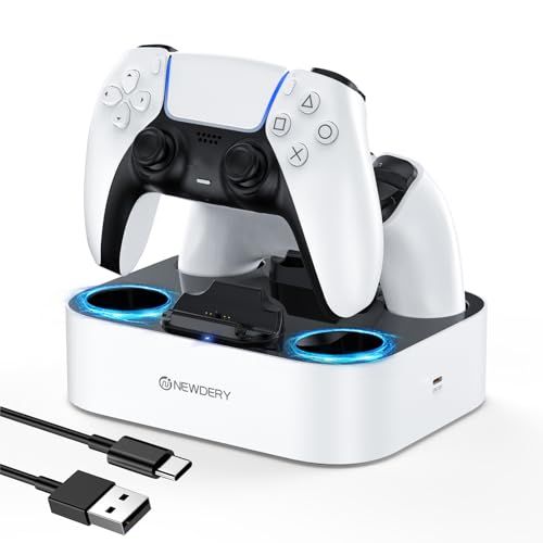 NEWDERY PS 5 コントローラー 充電スタンド 急速充電 2台同時充電 置くだけ充電 過充電防止 USB-Cケーブル付属 LED指示ランプ付き ホワイトs