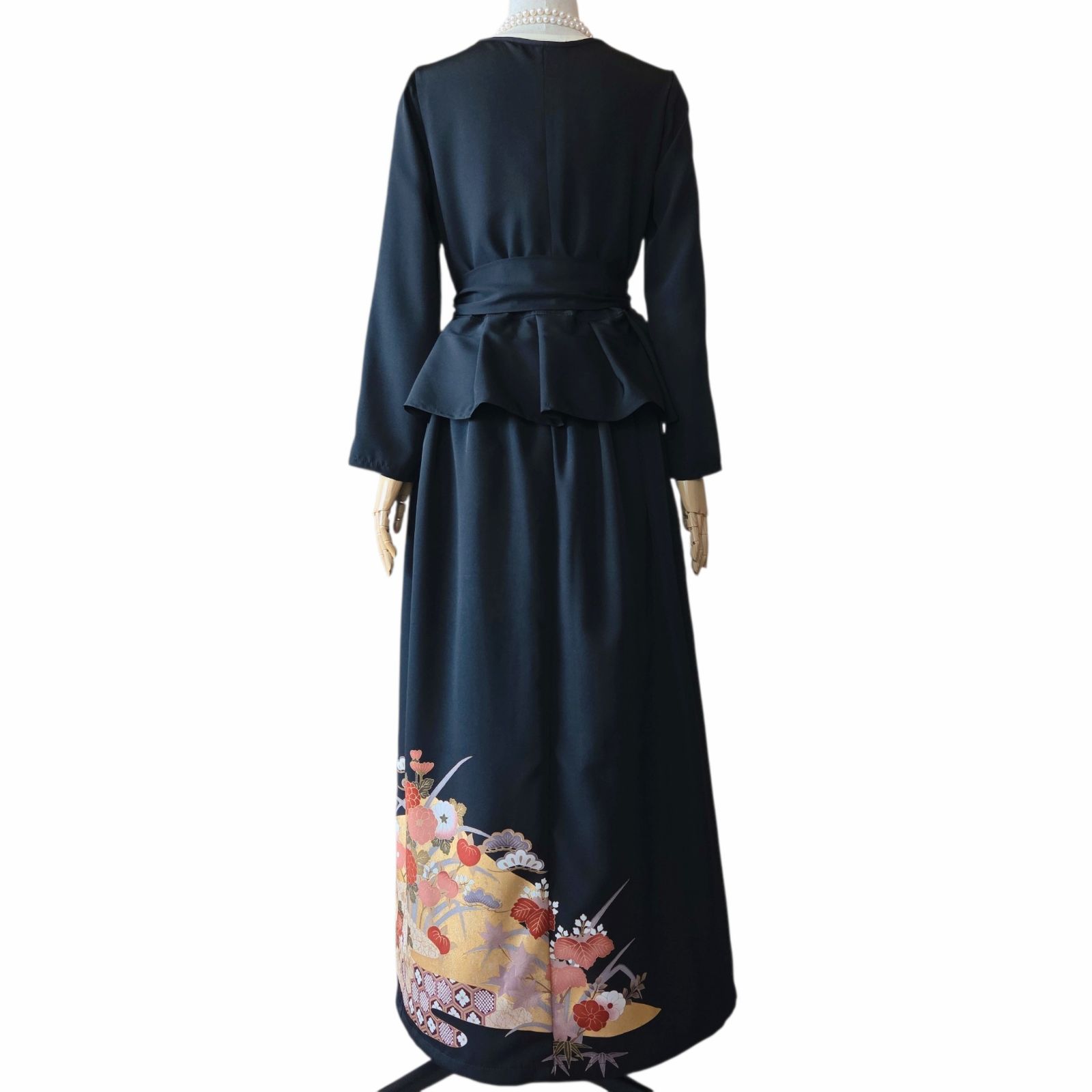 着物リメイク　大きいサイズ　黒留袖　セットアップ　ペプラム　ドレス　カシュクール ❦Kaena❦ 着物リメイク セットアップ ロング ワンピース ペプラム