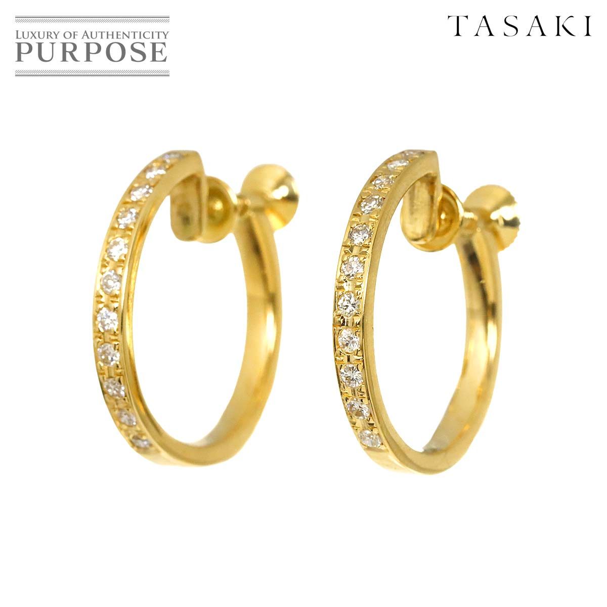 タサキ TASAKI ダイヤ 0.20 ct×2 フープ イヤリング K 18 YG イエローゴールド 750 パール 田崎真珠 Earrings