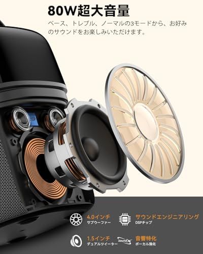 カラオケセット家庭用 Bluetooth 5 3スピーカーセット ワイヤレスマイク2本付き 高低音強化 最大出力80 W 大音量 ポータブル LEDライト搭載 USB AUX対応 充電式 12時間再生 持ち運び便利 ホームパーティー イベ 485 db 025