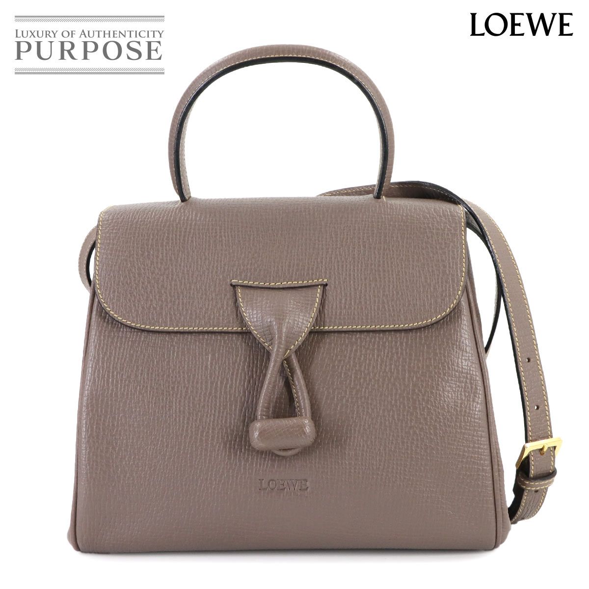 ロエベ LOEWE ターンロック 2 way ハンド ショルダー バッグ レザー グレージュ ゴールド 金具 Hand Shoulder Bag
