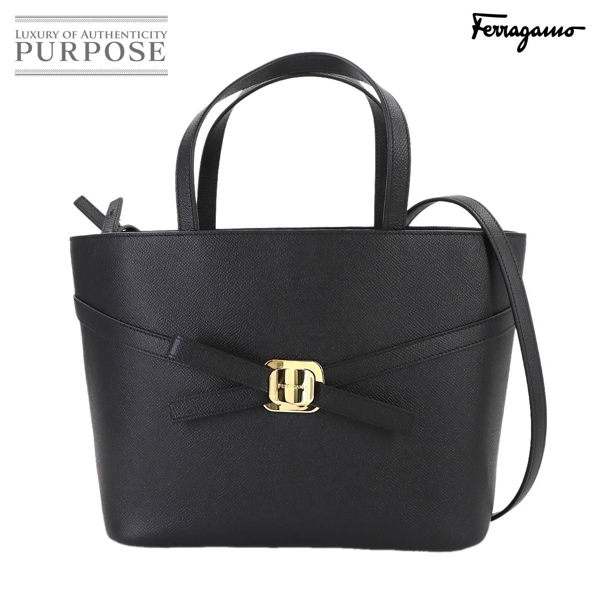 ♥ 展示品 サルヴァトーレ フェラガモ Salvatore Ferragamo ヴァラ トート バッグ レザー ブラック ゴールド 金具