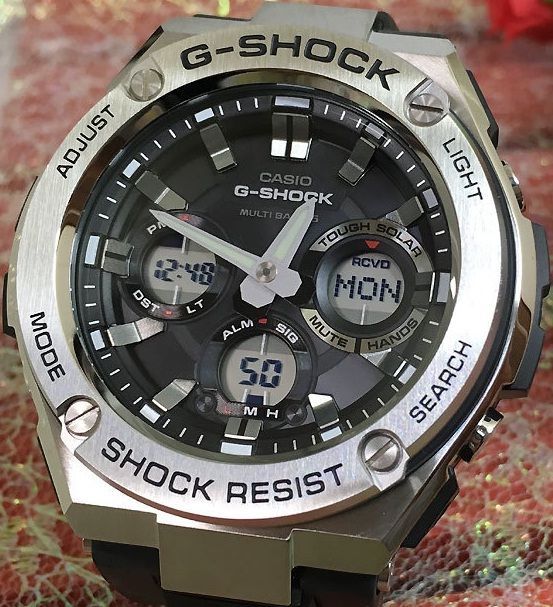 腕時計 メンズ Gショック 100型 電波 ソーラー ケース幅50 mm Gスチール ポリウレタンベルト シルバー|ブラック色 G-SHOCK