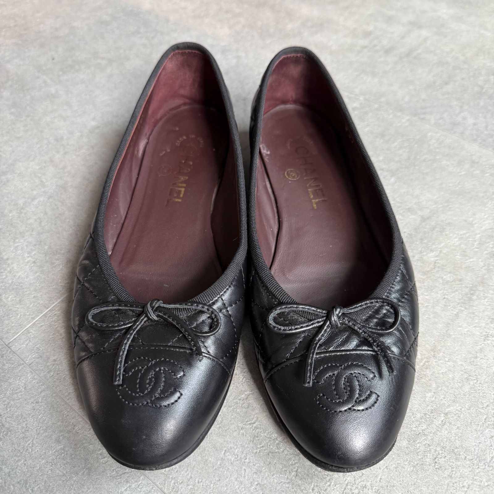 CHANEL　シャネル　バレエシューズ　ココマーク　リボン　ブラック CHANEL シャネル リボンバレエシューズ ココマーク キルティング