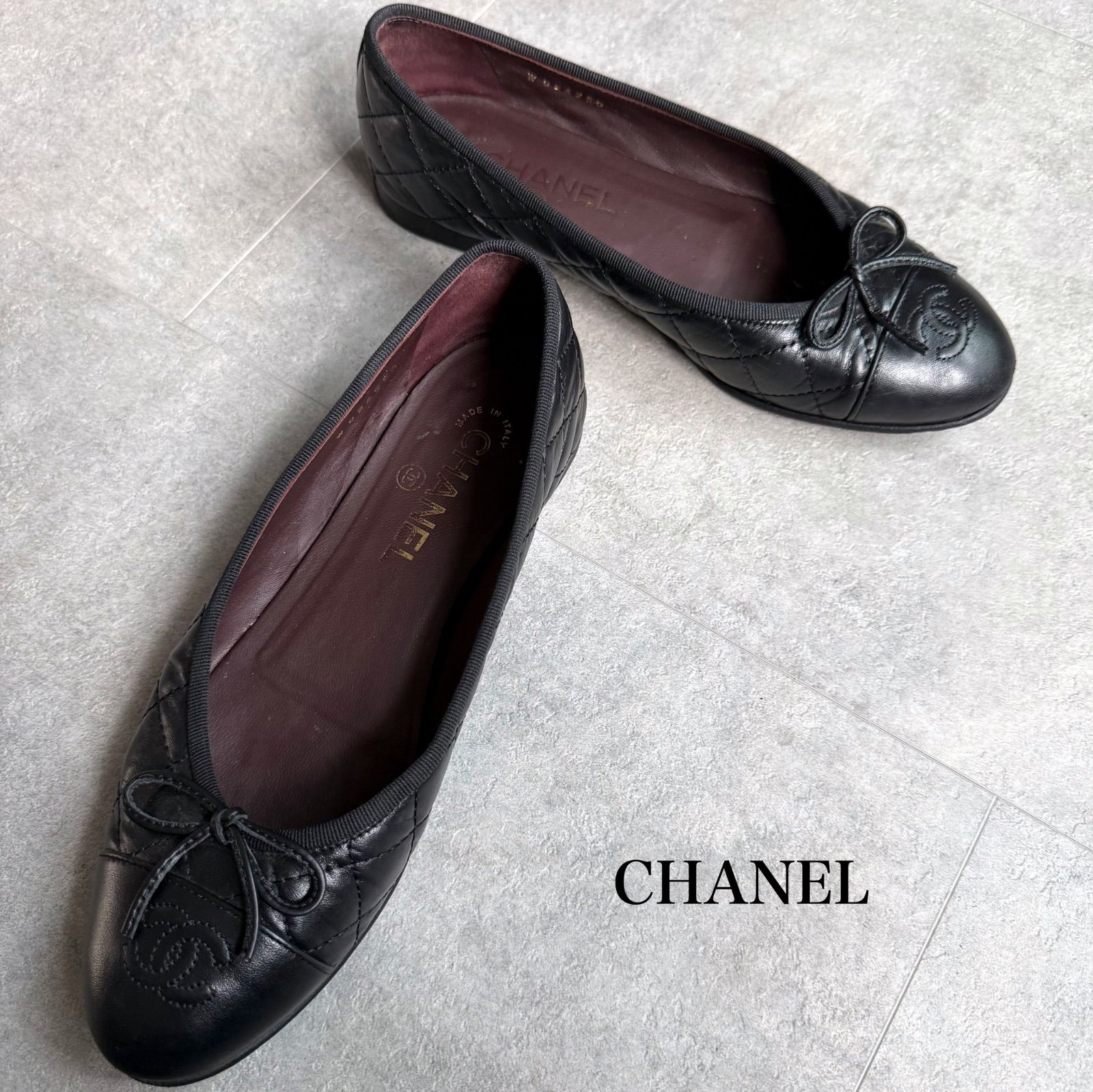 CHANEL 黒 バレエシューズ リボン付き36 CHANEL シャネル リボンバレエシューズ ココマーク キルティング