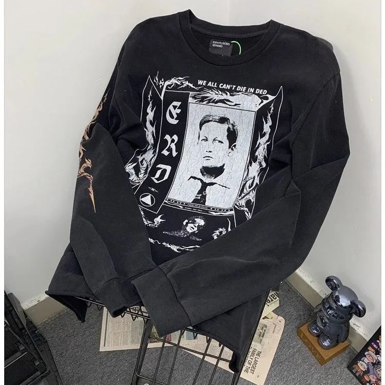 ♥ h 重厚生地 ユニセックス 欧米ハイストリート ヴィンテージプリント ダメージ加工 長袖Tシャツ ウォッシュ加工 ビッグシルエット 春秋 重磅 ストリート カジュアル メンズ レディース