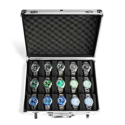 新品】15スロット腕時計オーガナイザーケース、シルバーアルミニウム