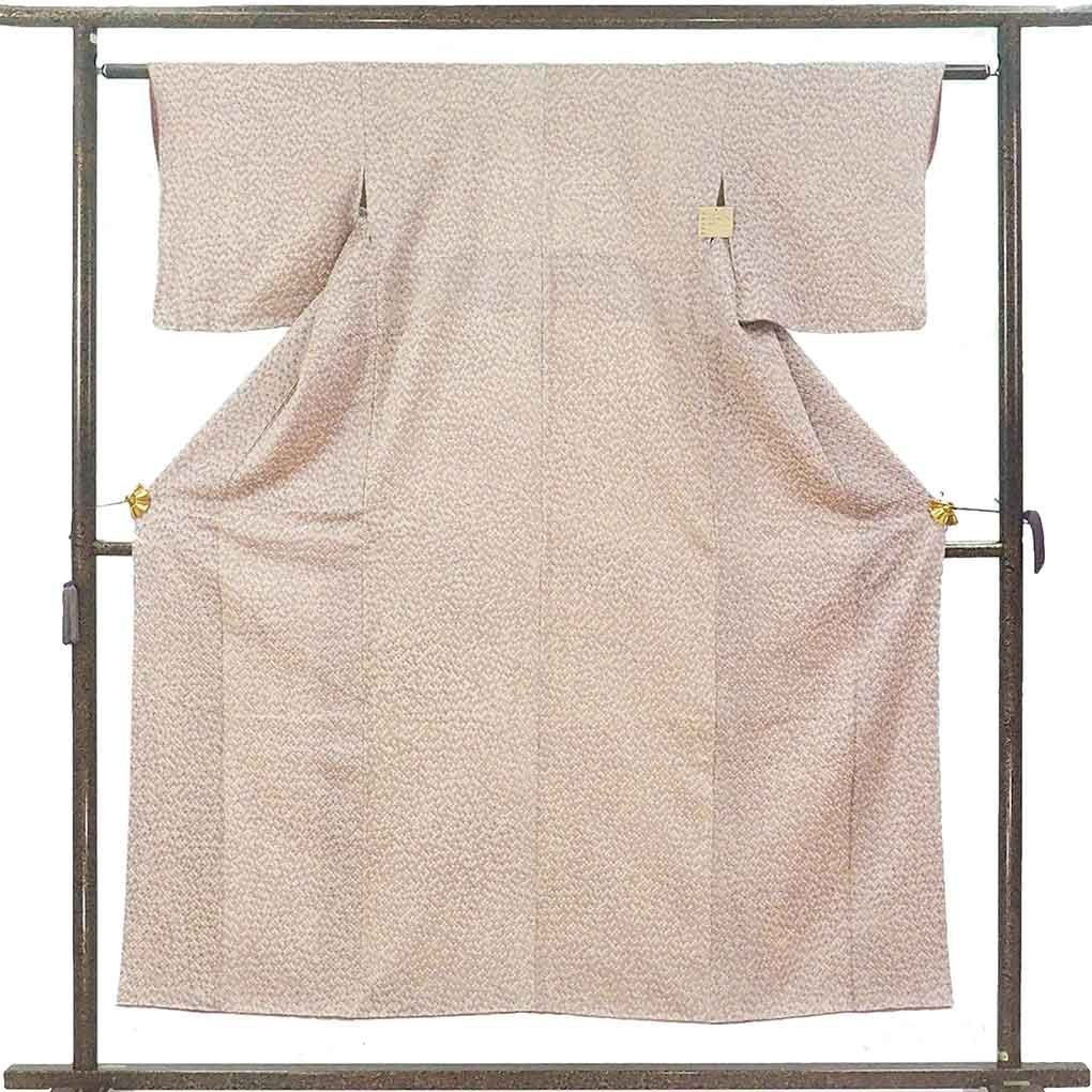 小紋 身丈153 cm 裄60 前幅22.5 後幅27.5 袖丈44 袖幅31 レディース 袷 絞り 裄SS-Sサイズ 秋冬春用 正絹 シルク ピンク ♥品 リメイク リユース リサイクル 呉服のきくや