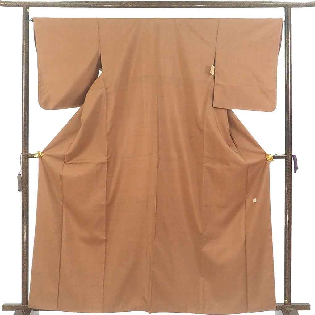 紬 身丈163 cm 裄66 前幅25 後幅30 袖丈53 袖幅33 レディース 袷 無地 裄長 裄M-Lサイズ 秋冬春用 正絹 シルク ブラウン ♥品 リメイク リユース リサイクル 呉服のきくや