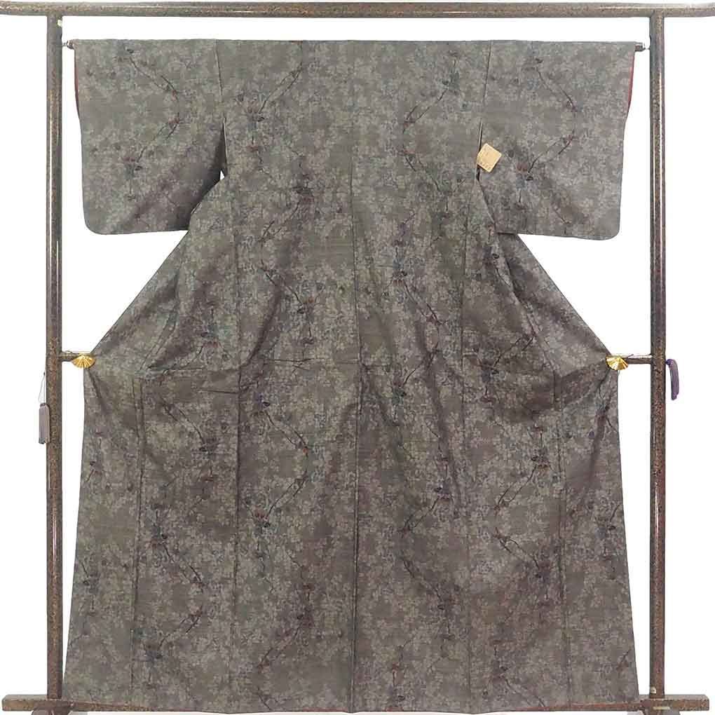 紬 身丈162 cm 裄65 前幅24 後幅30 袖丈49 袖幅33 レディース 袷 花柄 裄Mサイズ 秋冬春用 正絹 シルク ブラウン 大島紬 リメイク リユース リサイクル 呉服のきくや