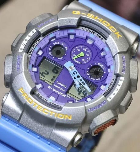 腕時計 メンズ Gショック 100型 クォーツ ケース幅50 mm ポリウレタンベルト シルバー|パープル色 G-SHOCK