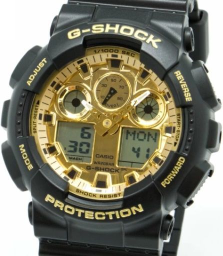 腕時計 メンズ Gショック 100型 クォーツ ケース幅50 mm ポリウレタンベルト ブラック|ゴールド色 G-SHOCK
