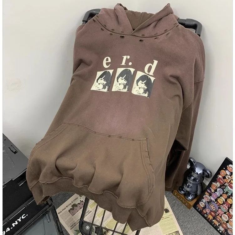 ♥ h 重厚生地 ユニセックス アメリカンストリート ヴィンテージ風 プリント 手作業ウォッシュ加工 ダメージ 破れ 加工 ビッグシルエット フード付き パーカー 春秋対応 個性派 ストリート カジュアル メンズ レディース