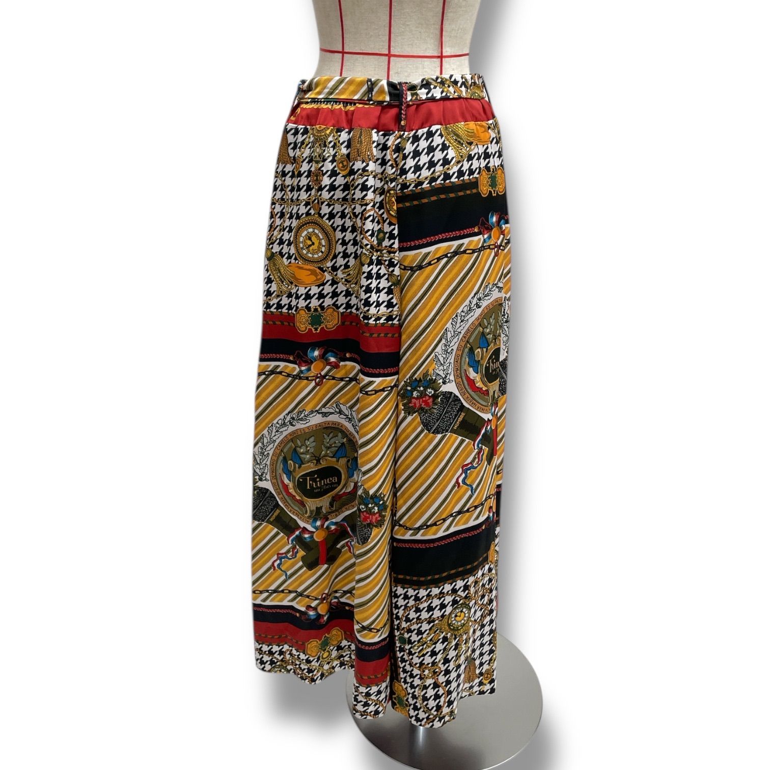 Trinca un Plus スカーフ柄パンツ ウエストゴム スカーフ柄 派手柄 猫 キャット チェーン 千鳥柄 千鳥格子 マルチカラー サイズM レディース 春 ゴーゴー No.1467