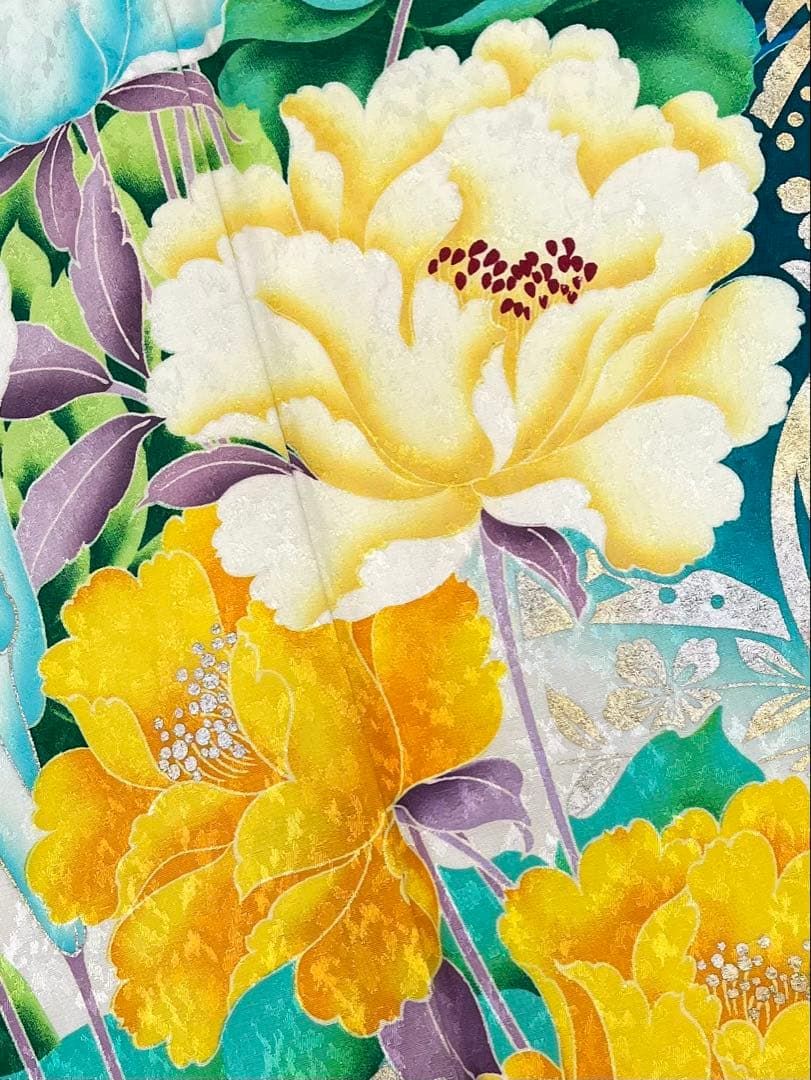 振袖 金彩 紋意匠 薔薇 牡丹 身丈166cm パールトーン加工済 身幅 