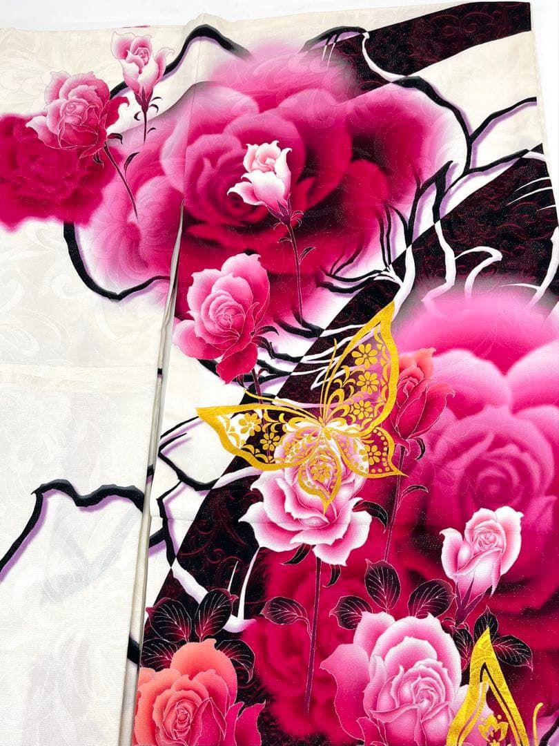 振袖 銀通し 金彩 紋意匠 刺繍 薔薇 身丈173cm 撥水加工済 MO3283