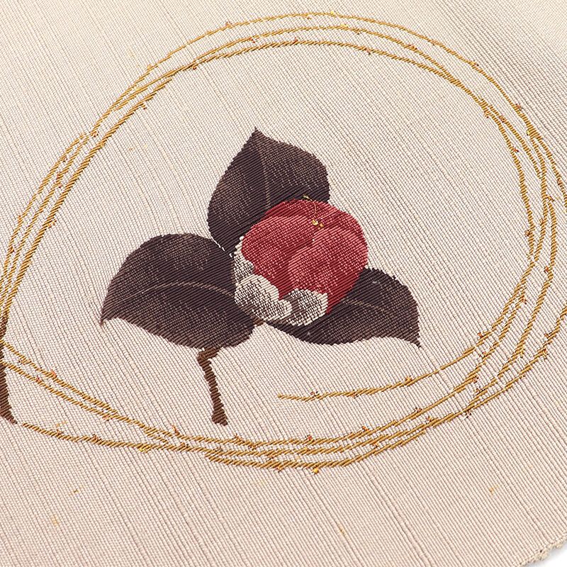 名古屋帯 なごや帯 正絹 お太鼓柄 八寸帯 ベージュ 椿 紬 長さ358cm 幅