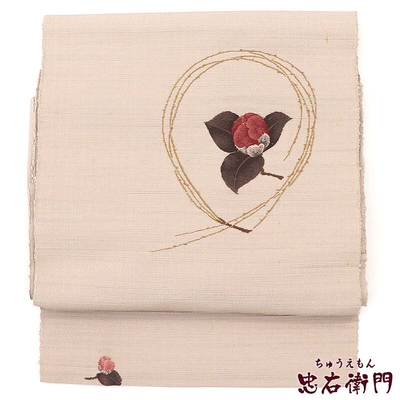 正絹名古屋帯 「赤色 椿」 お仕立て上がり名古屋帯 お太鼓柄 洒落帯 九寸名古屋帯 カジュアル レディース 洒落帯 【メール便不可】ss2512ong10 名古屋帯 なごや帯 正絹 お太鼓柄 八寸帯 ベージュ 椿 紬 長さ358cm 幅