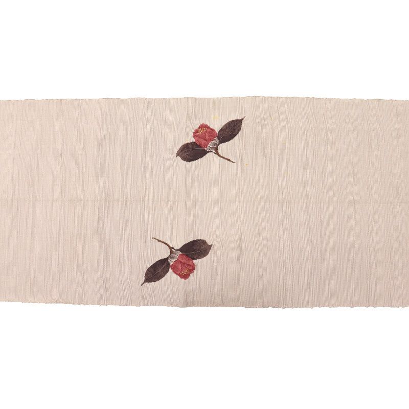 名古屋帯 なごや帯 正絹 お太鼓柄 八寸帯 ベージュ 椿 紬 長さ358cm 幅