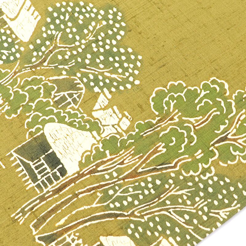 名古屋帯 なごや帯 正絹 お太鼓柄 九寸帯 茶緑 風景柄 素朴 染め紬 長