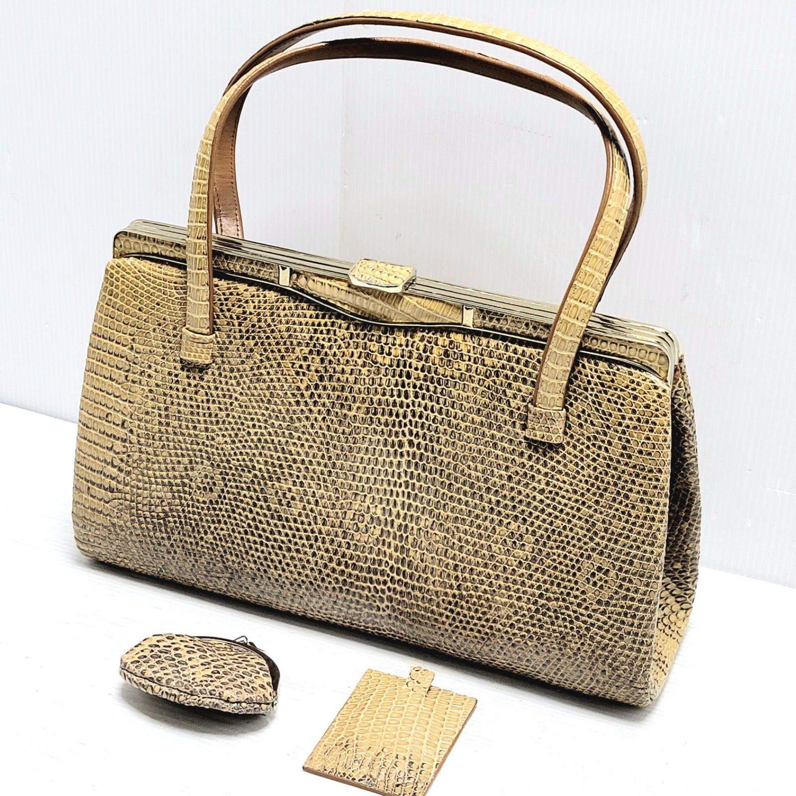 ヴィンテージ】 ワニ革 ハンドバッグ 小銭入れ ガラスセット - メルカリ
