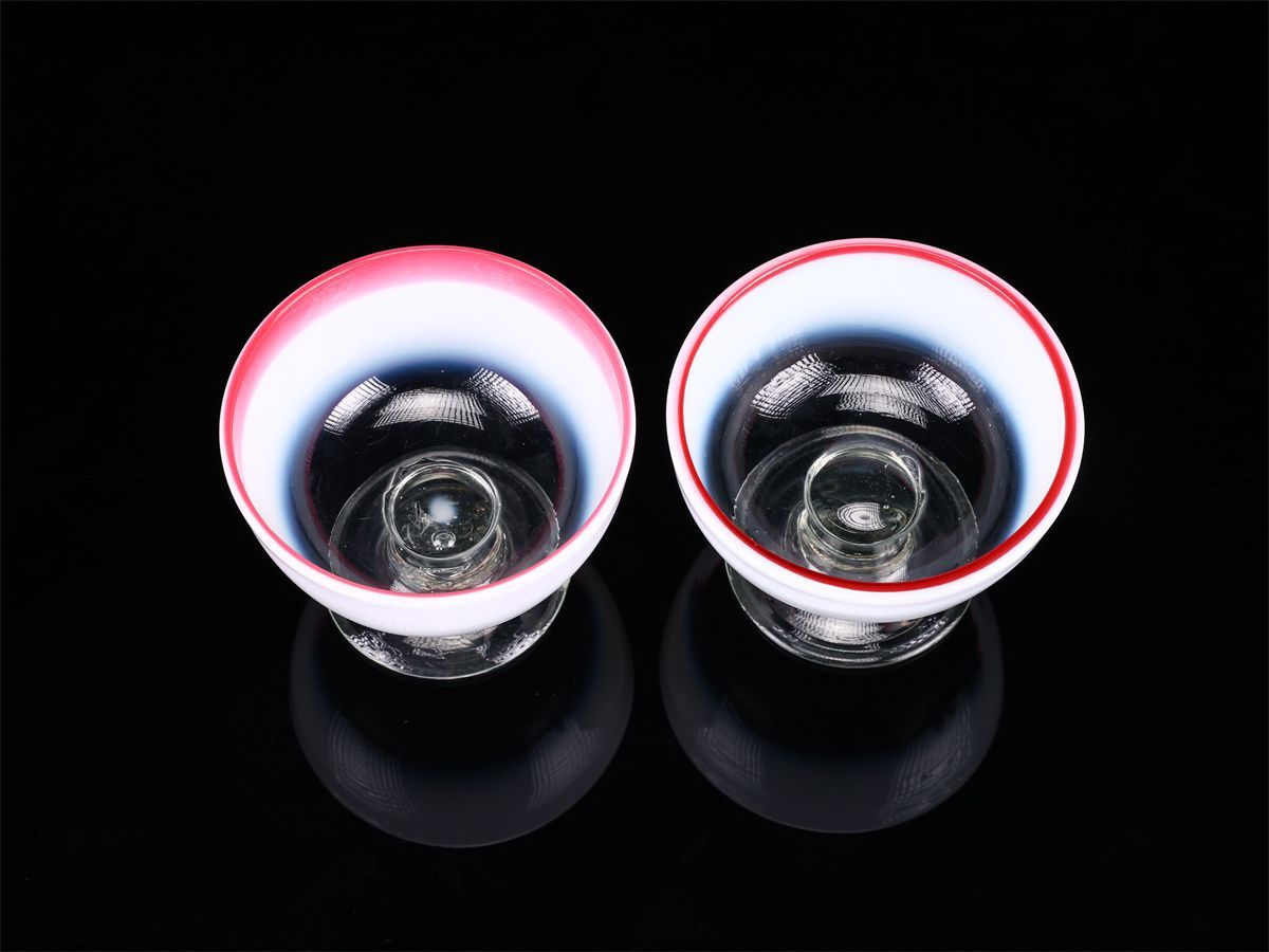 明治大正期 【ウランガラス】 乳白赤縁 氷コップ 2点 一対 本物保証