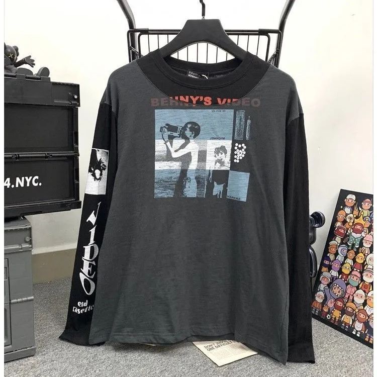 ♥ h 重厚生地 ユニセックス アメリカンハイストリート ヴィンテージ風 フォトボーイ プリント ウォッシュ加工 長袖Tシャツ ビッグシルエット 春秋対応 メンズ レディース カジュアル ストリート