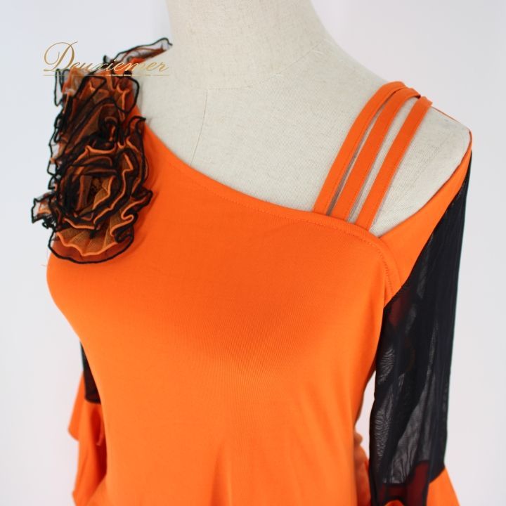 社交ダンス　ドレス　ラテン　橙　オレンジ　黒　ワンピース　衣装 社交ダンス 衣装 スタンダード ラテン ドレス ワンピース パーティ