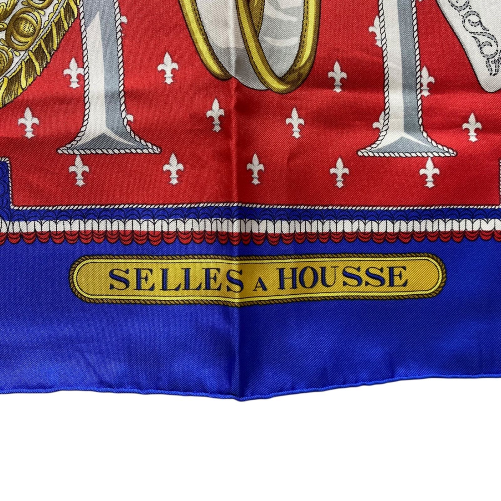 エルメス カレ90 SELLES A HOUSSE シルクスカーフ 馬具 腰掛け ブルー