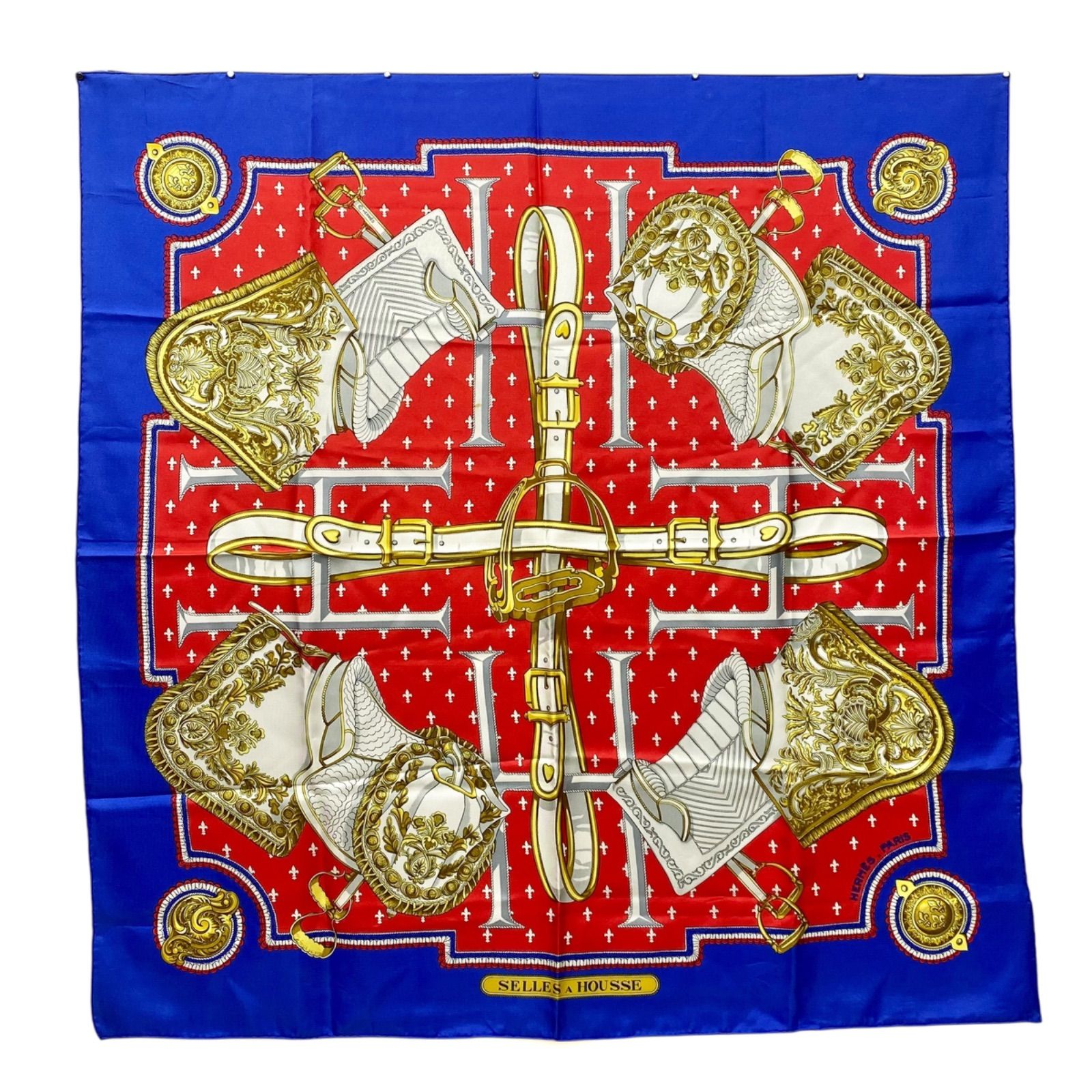 エルメス カレ90 SELLES A HOUSSE シルクスカーフ 馬具 腰掛け ブルー HERMES AC0150