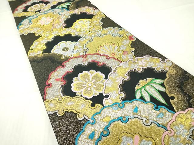 平和屋着物▽六通柄袋帯 正倉院花青海波文 黒地 金銀糸 正絹 逸品