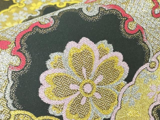 平和屋着物▽六通柄袋帯 正倉院花青海波文 黒地 金銀糸 正絹 逸品
