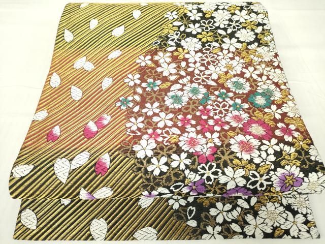 平和屋着物▽六通柄袋帯 唐織 舞桜文 金糸 正絹 逸品 DAAY9881az