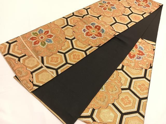平和屋着物◎六通柄 本袋帯 唐織 宝相華亀甲花文 黒地 金糸 正絹 逸品