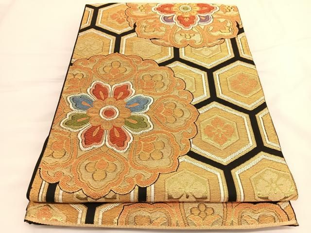 平和屋着物◎六通柄 本袋帯 唐織 宝相華亀甲花文 黒地 金糸 正絹 逸品