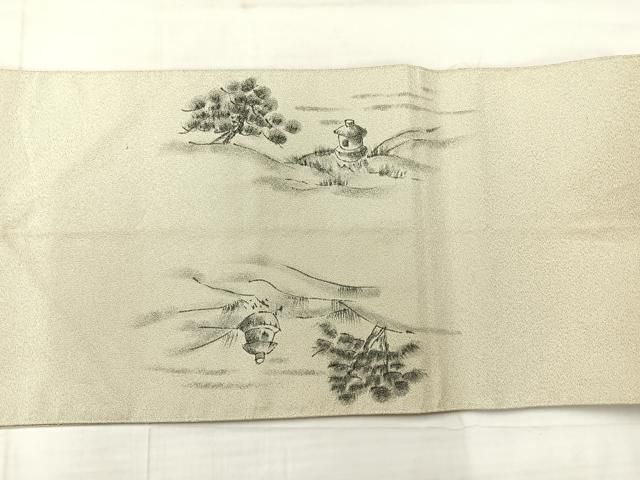 平和屋着物◎綴れ 太鼓柄袋帯 作家物 手描き 風景文 銀糸 正絹 逸品