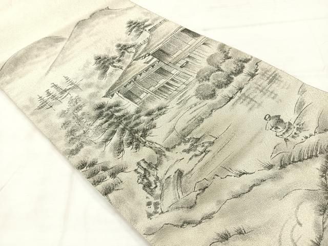 平和屋着物◎綴れ 太鼓柄袋帯 作家物 手描き 風景文 銀糸 正絹 逸品