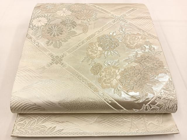 平和屋着物◎六通柄袋帯 唐織 美保姿 菱天井花文 銀糸 正絹 逸品