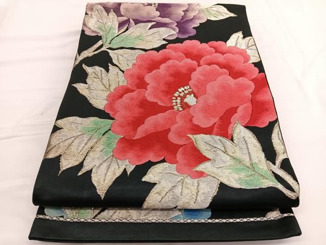 平和屋着物◎六通柄袋帯 唐織 牡丹 黒地 金銀糸 正絹 逸品 BAAW3003hv
