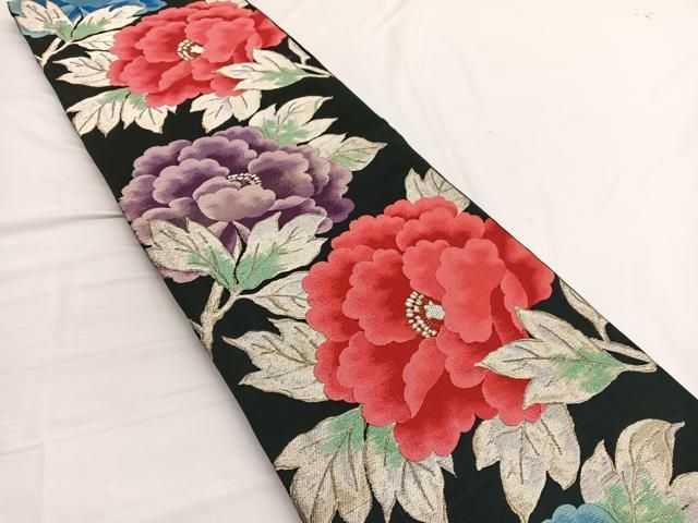 平和屋着物◎六通柄袋帯 唐織 牡丹 黒地 金銀糸 正絹 逸品 BAAW3003hv