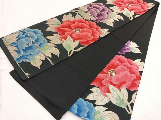 平和屋着物◎六通柄袋帯 唐織 牡丹 黒地 金銀糸 正絹 逸品 BAAW3003hv