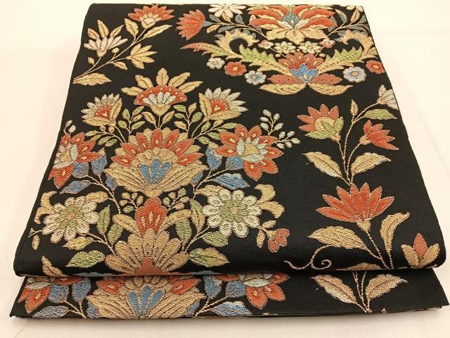 平和屋着物◎六通柄 本袋帯 更紗花文 黒地 金銀糸 正絹 逸品