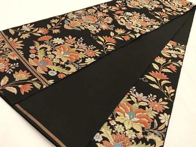 平和屋着物◎六通柄 本袋帯 更紗花文 黒地 金銀糸 正絹 逸品