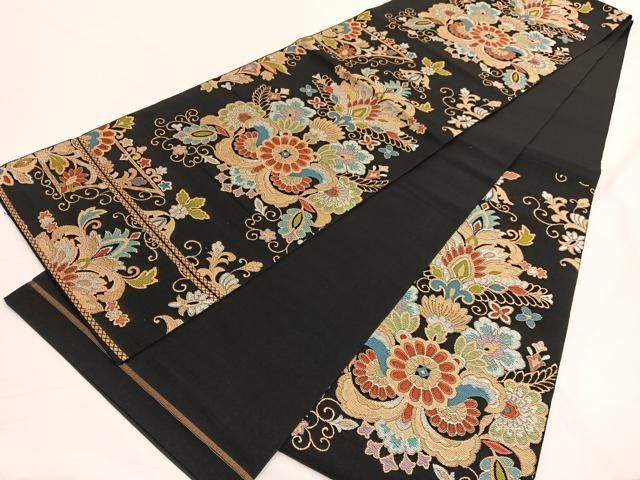 平和屋着物◎西陣 六通柄 本袋帯 唐織 更紗飾花文 黒地 金銀糸 証紙