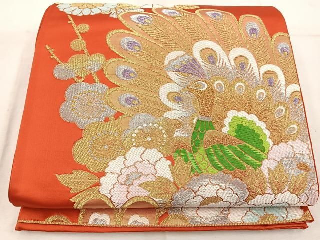 試着程度極美品❣️高級六通 袋帯 　花柄孔雀模様　正絹 高級逸品 正絹袋帯 向孔雀 ☆六通 フォーマル 美品